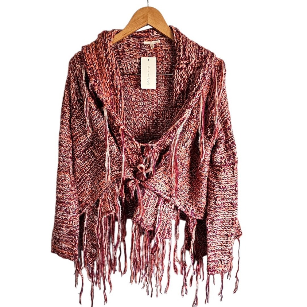 Rose Tones Loose Knit‎ Open Cardigan Long Fringe Shaggy Boho Chic Size Small/Med